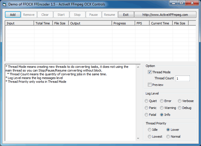 视频转换控件示例程序主窗口 - ActiveX FFmpeg OCX Controls