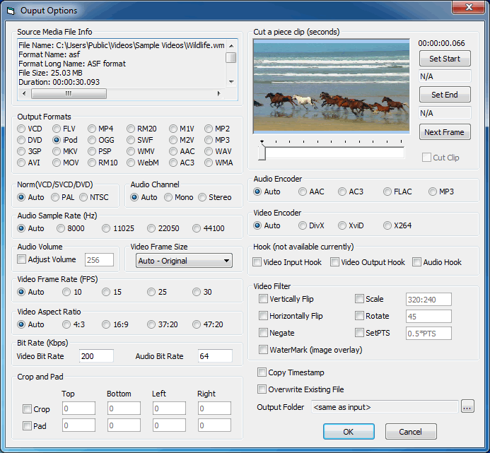 视频转换控件示例程序选项窗口 - ActiveX FFmpeg OCX Controls